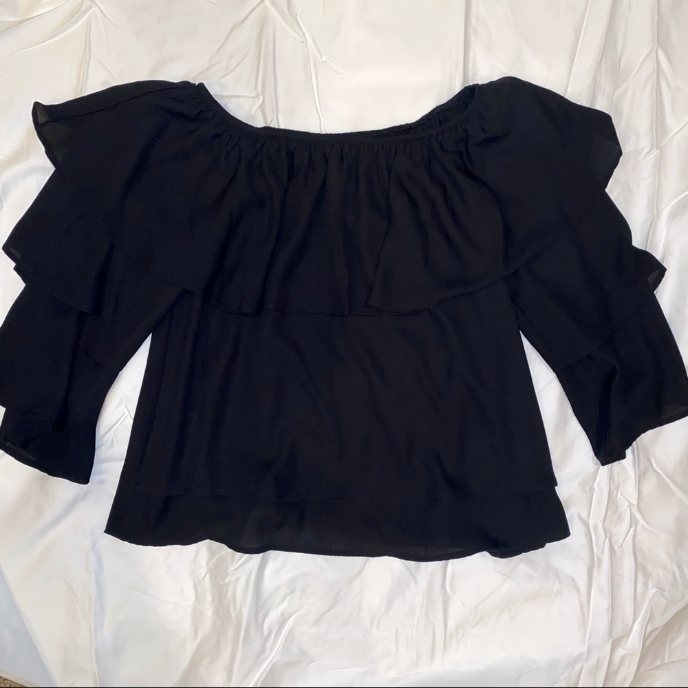True Light: Size S: Black Ruffle Off-The-Shoulder Blouse